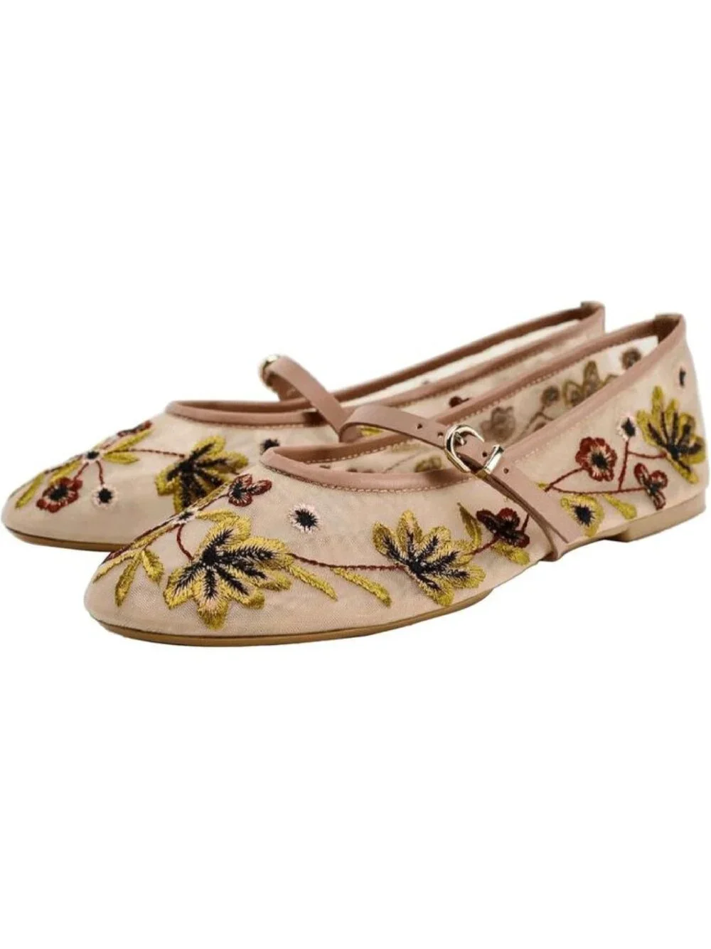 Women's Nude Floral Mesh Ballet Flats Strap Round Toe Slip On Dressy Shoes